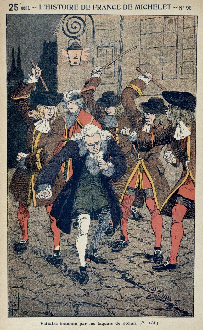 Spången av Voltaire (1694-1778) av hertigen de Rohans lakejer 1726, ca 1900 av Louis Charles Bombled
