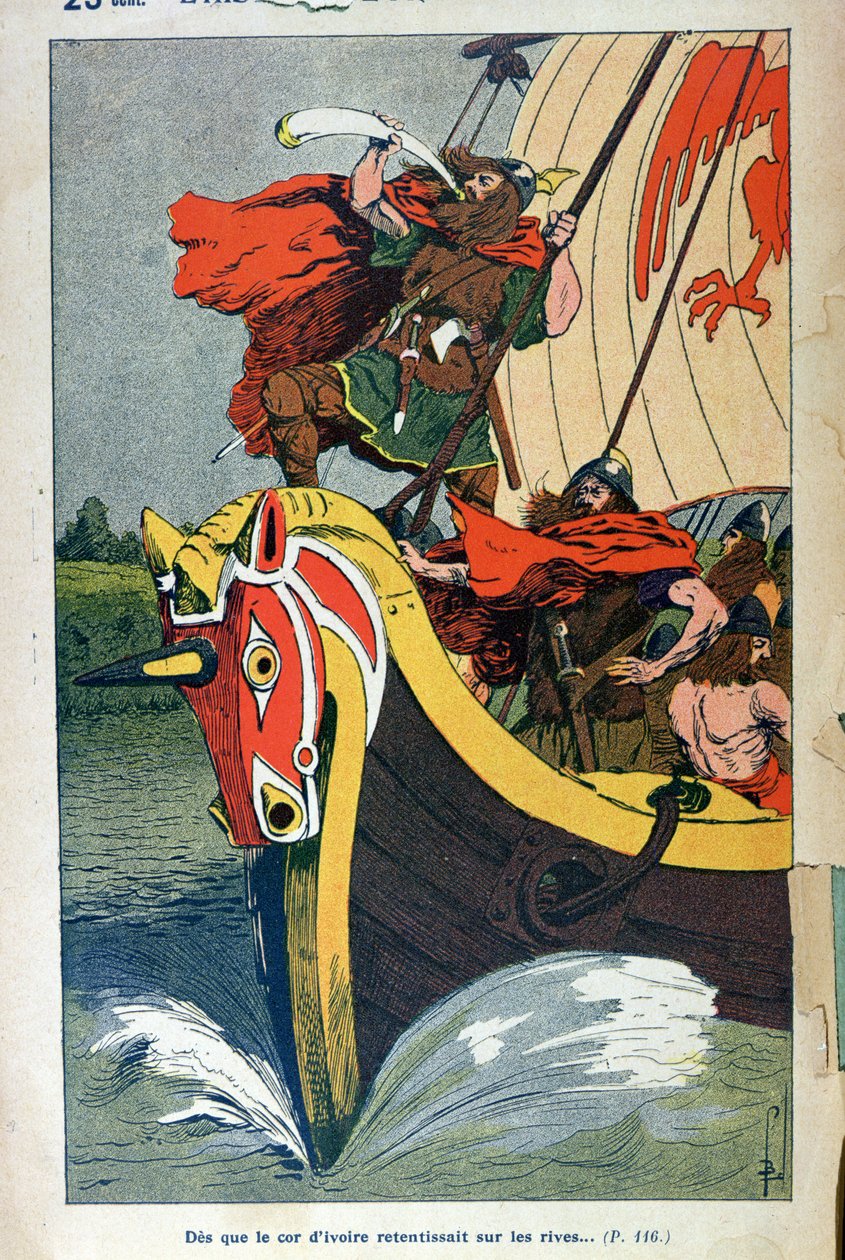 Viking som blåser i hornet på ett långskepp som närmar sig den norska kusten, illustrerad tavla från en populär utgåva av "L
