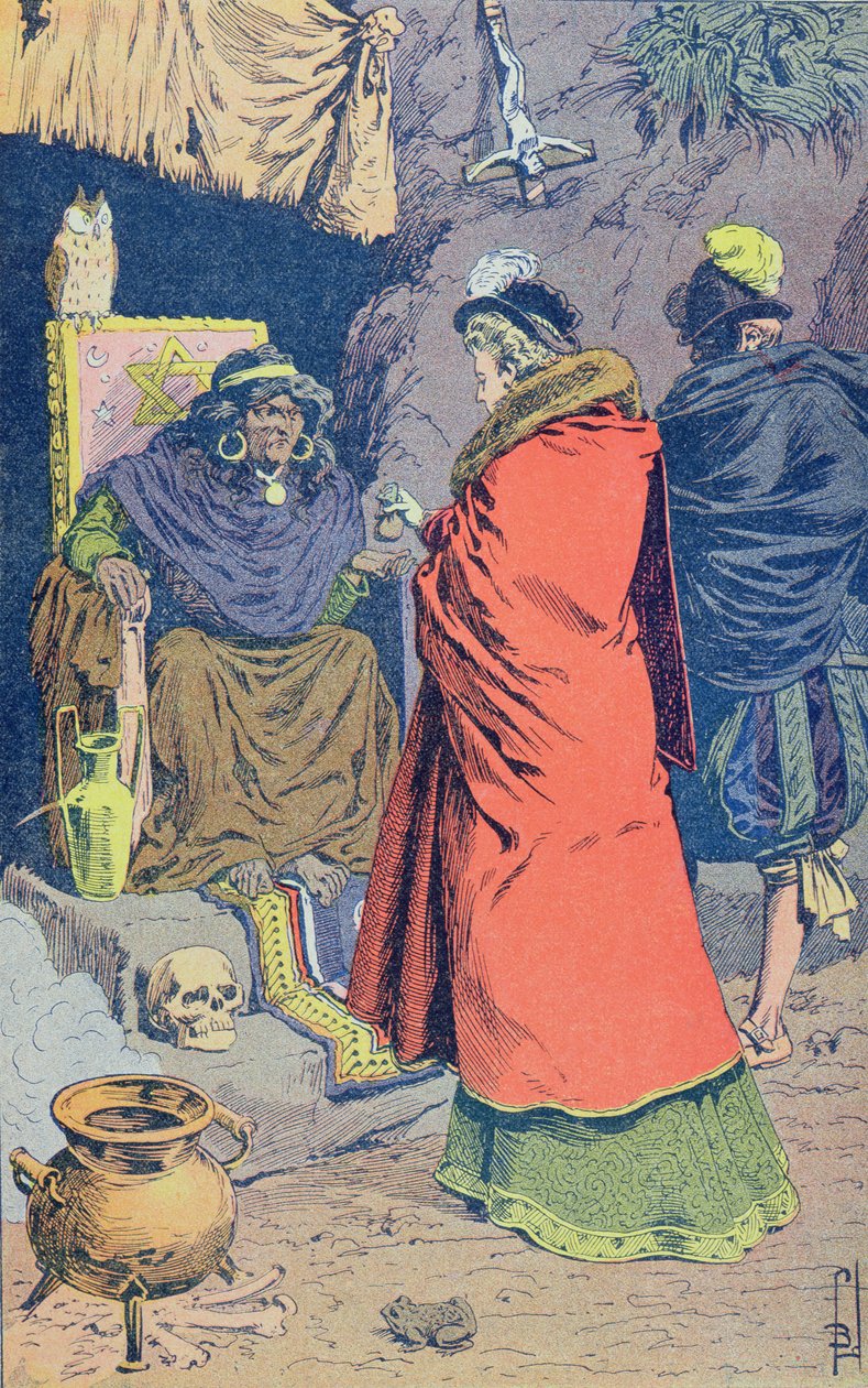 Häxkonst på 1500-talet, en häxa som säljer några filtrar, från "Histoire de France" av Jules Michelet (1798-1874) omkring 1900 (färggravyr). av Louis Charles Bombled