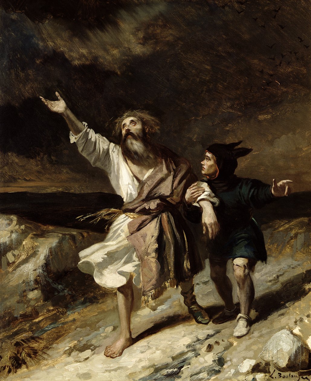 Kung Lear och dåren i stormen, akt III scen 2 från "Kung Lear" av William Shakespeare (1564-1616) 1836 av Louis Boulanger