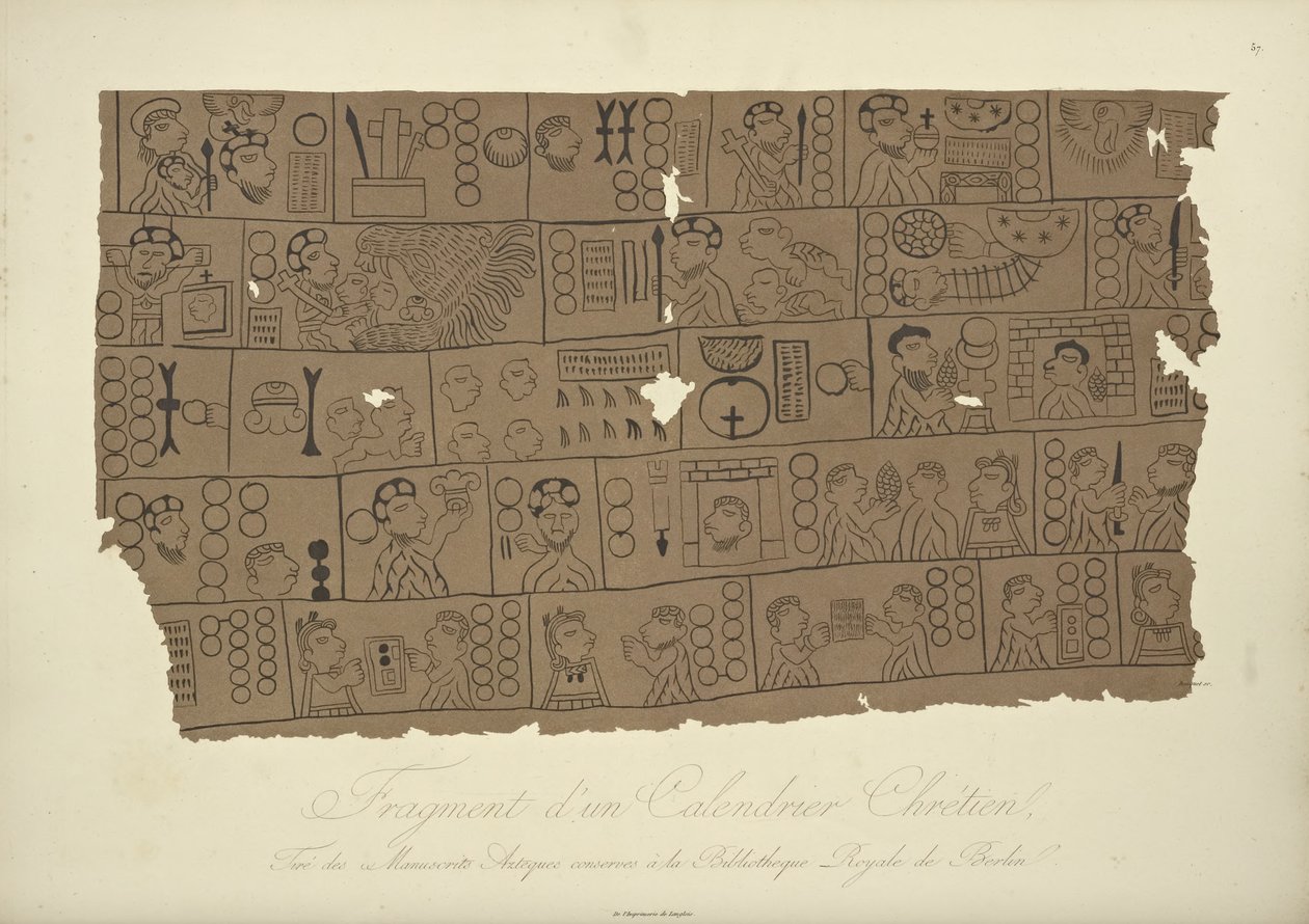 Fragment av en kristen kalender, ritad från ett aztekiskt manuskript i Berlins statsbibliotek, illustration från Views of the Cordilleras and Monuments of the Indigenous Peoples of America av Alexander von Hum av Louis Bouquet