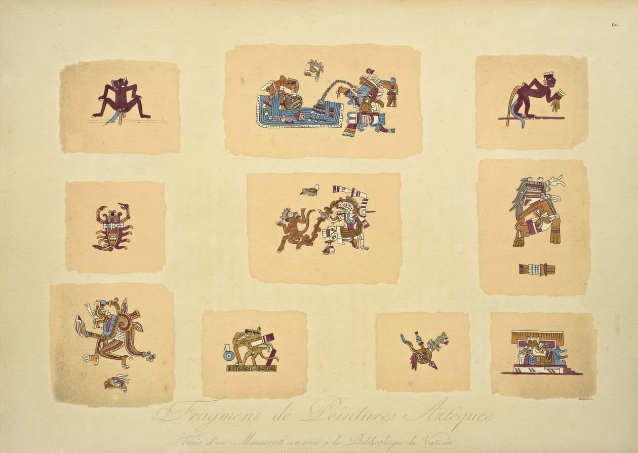 Fragment av aztekiska målningar, från manuskriptet bevarat i Vatikanens bibliotek, illustration från Views of the Cordilleras and Monuments of the Indigenous Peoples of America av Alexander von Humboldt och av Louis Bouquet