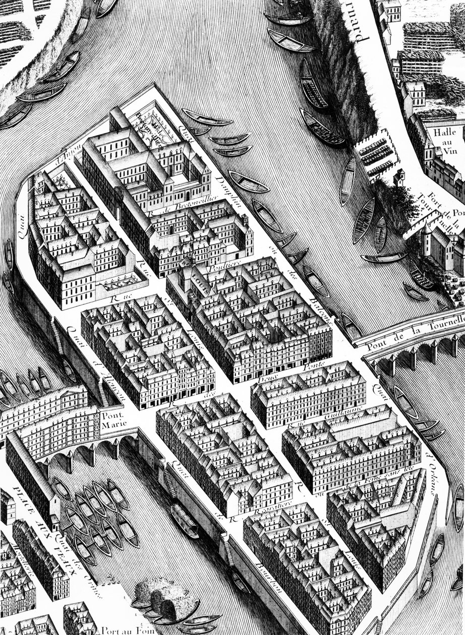 Ile St. Louis, detalj från planen av Paris, känd som Plan de Turgot, graverad av Claude Lucas, 1734-39 gravyrdetalj av 233535 av Louis Bretez