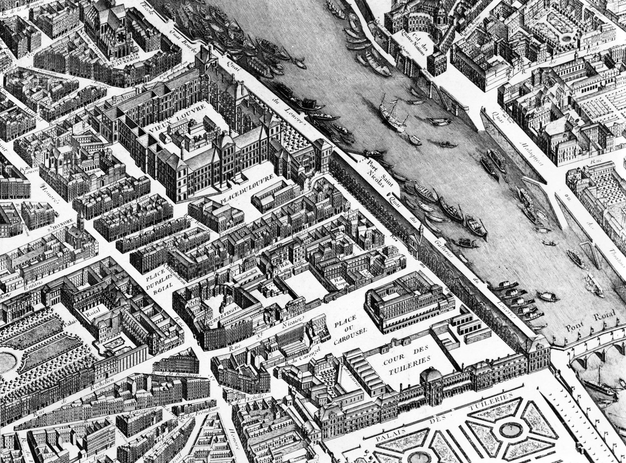 Gamla Louvren, Palais Royal och Tuilerierna, detalj från Planen av Paris, känd som Plan de Turgot, graverad av Claude Lucas, 1734-39 gravyrdetalj av 233535 av Louis Bretez