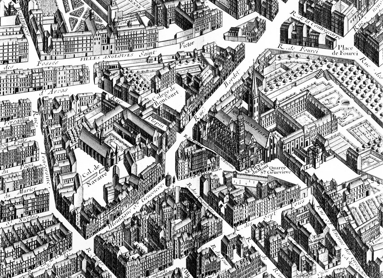 Sainte-Geneviève-området, Paris, detalj från planen av Paris, känd som Plan de Turgot, graverad av Claude Lucas, 1734-39 gravyrdetalj av 233535 av Louis Bretez