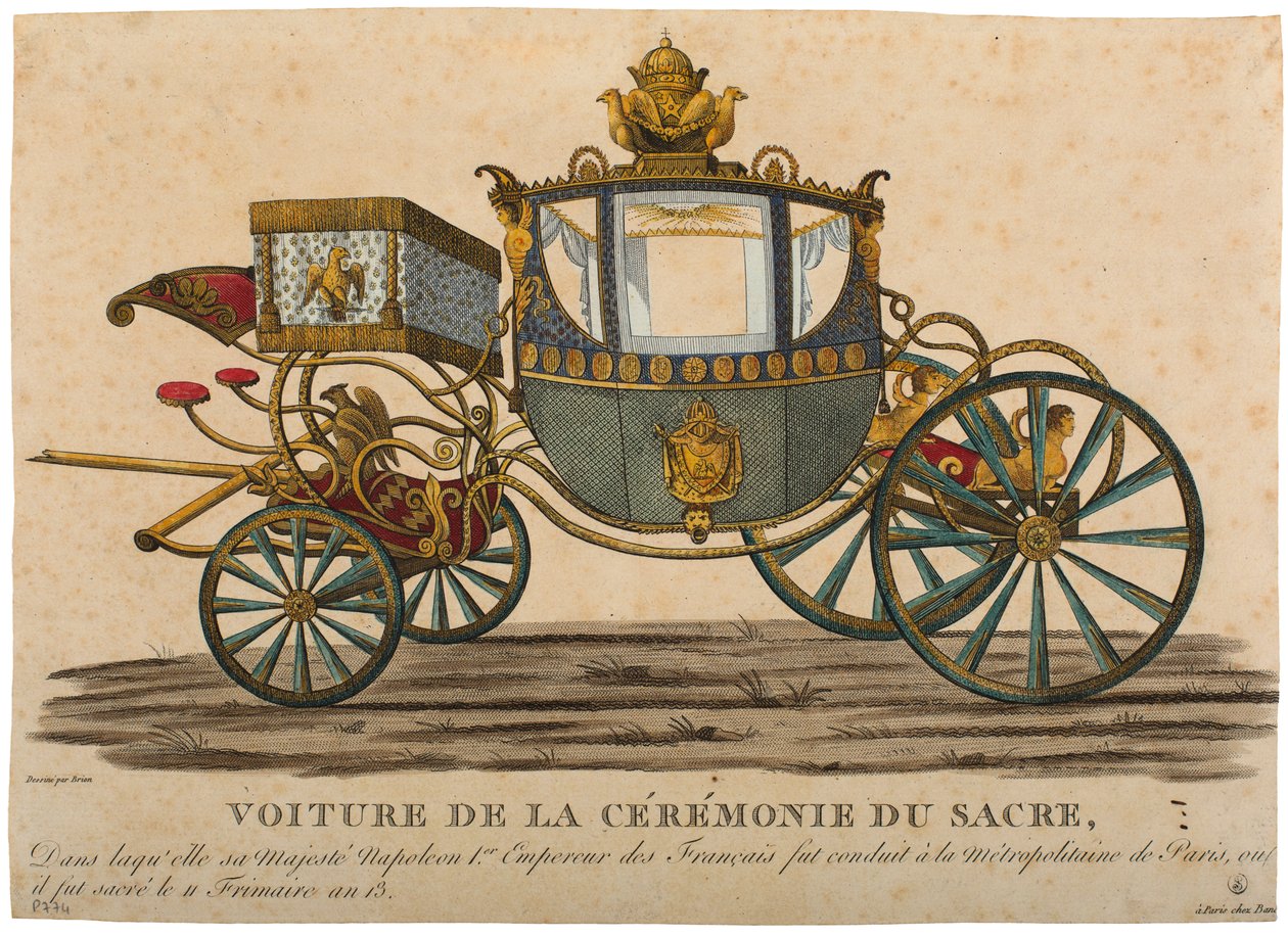 Vagn för kejsar Napoleon I:s kröning, som ägde rum den 11 Frimaire, år XIII färgad gravyr av Louis Brion de la Tour fils