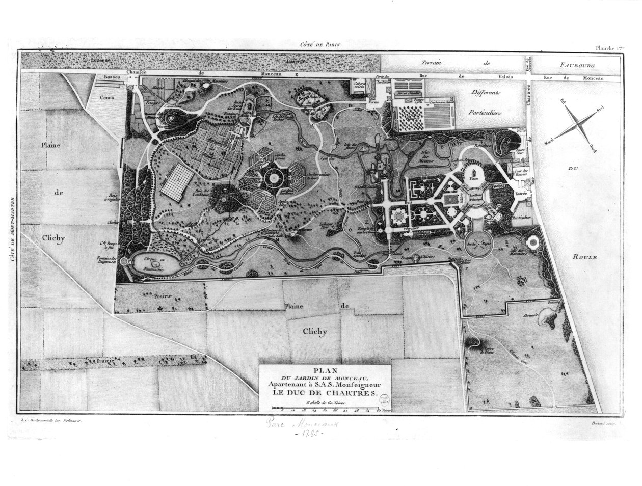 Plan över Parc Monceau i Paris som tillhörde hertigen av Chartres (1747-93) 1785 av Louis Carrogis dit Carmontelle