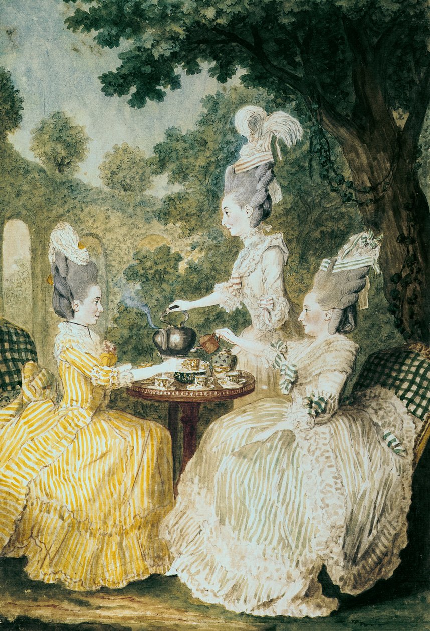 La Marquise de Montesson, La Marquise de Crest och la Comtesse de Damas dricker te (akvarell på papper) av Louis Carrogis dit Carmontelle