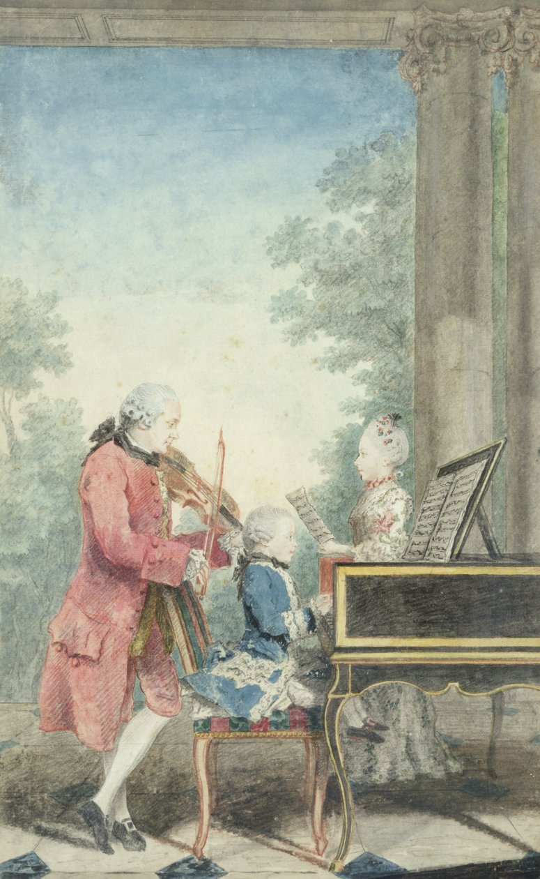 Leopold Mozart (1719-87) och hans barn Wolfgang Amadeus (1756-91) och Maria Anna (1751-1829) 1777 av Louis Carrogis dit Carmontelle