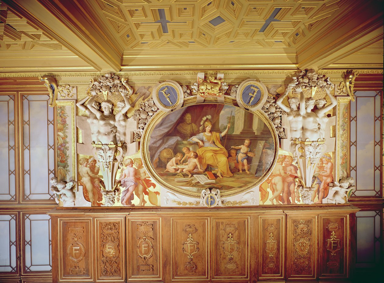 Galerie François I, Fresco som föreställer "La Nymphe de Fontainebleau" (stuckatur, en del av taket och träslöjden är synliga), efter Rosso Fiorentino, Giovanni Battista (1494-1540), 1860 (fresco, stuckatur och av Louis Charles Auguste Couder