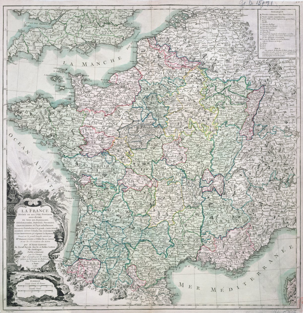 Karta över Frankrike indelat i 58 provinser, 1765 av Louis Charles Desnos