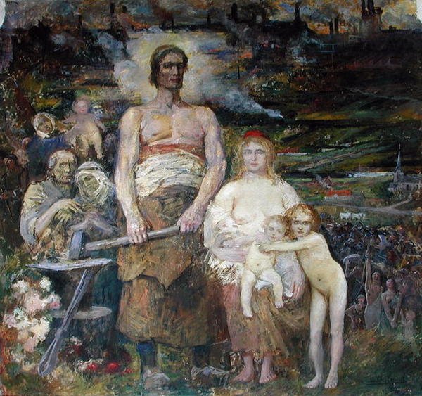 Mot emancipation, från Salle Pierre de Roubaix, 1913 (väggmålning) av Louis Charles Spriet