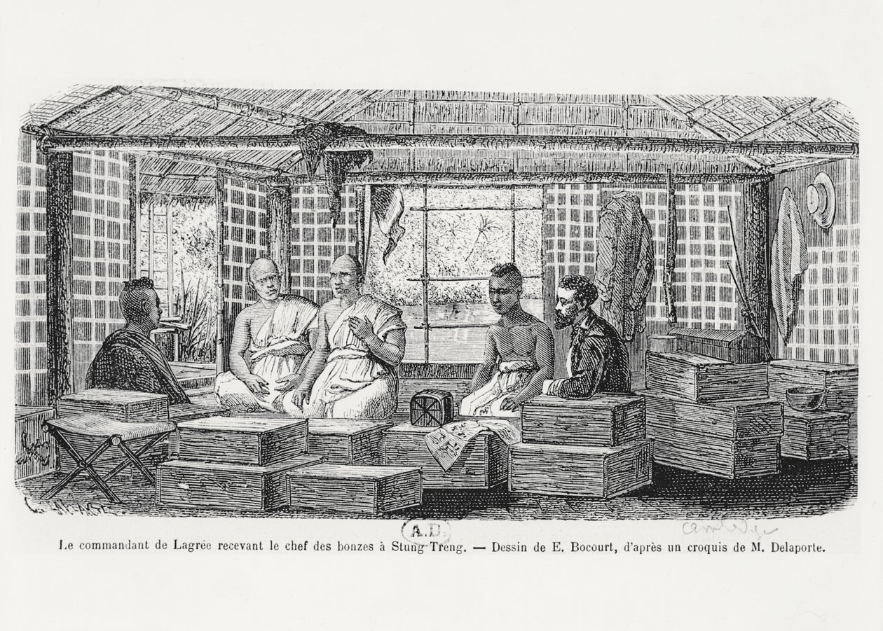 Kommendör Lagree tar emot munkarnas ledare i Stung Treng, Kambodja, 1868. av Louis Delaporte