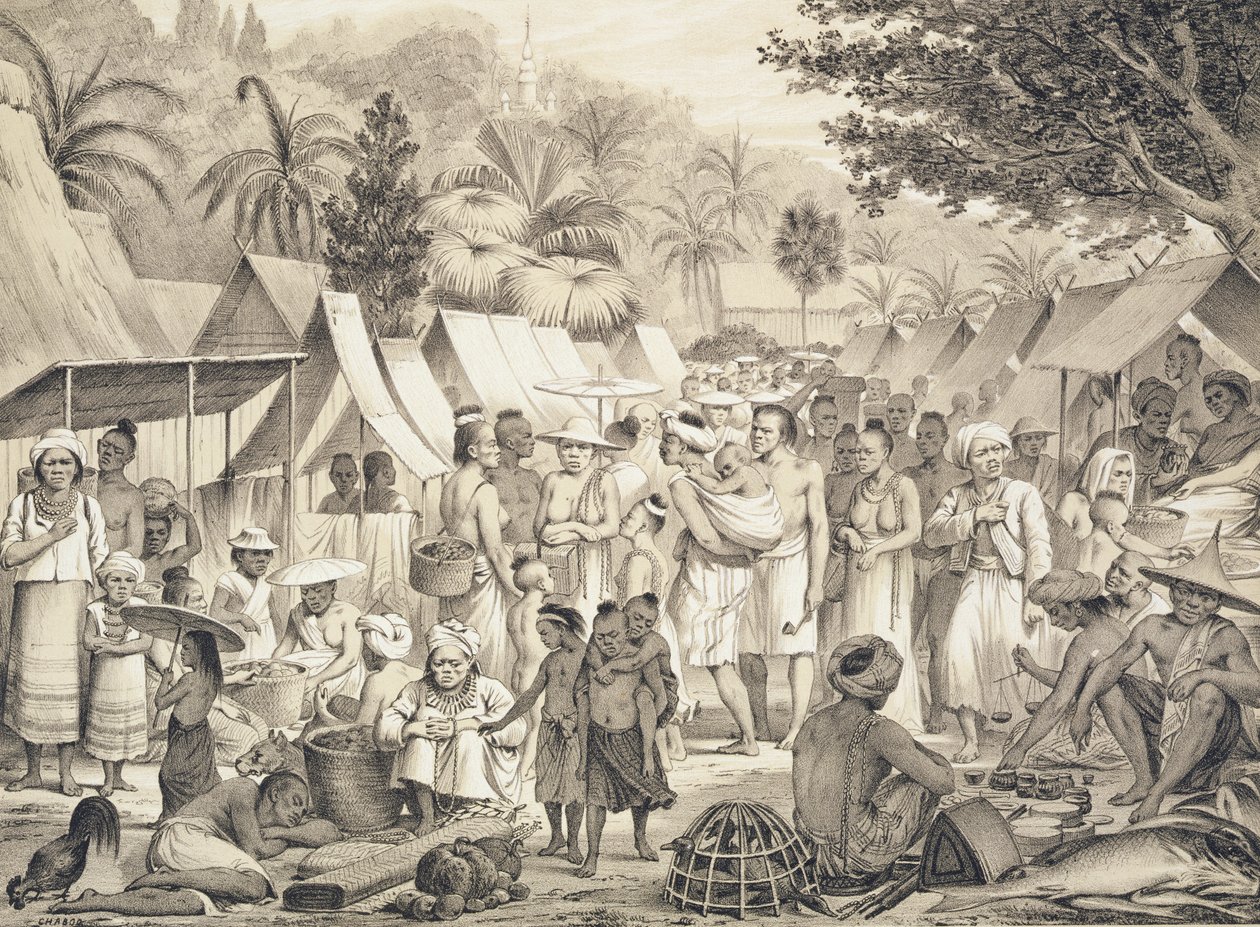 Marknad i Luang Prabang, Laos, illustration från 