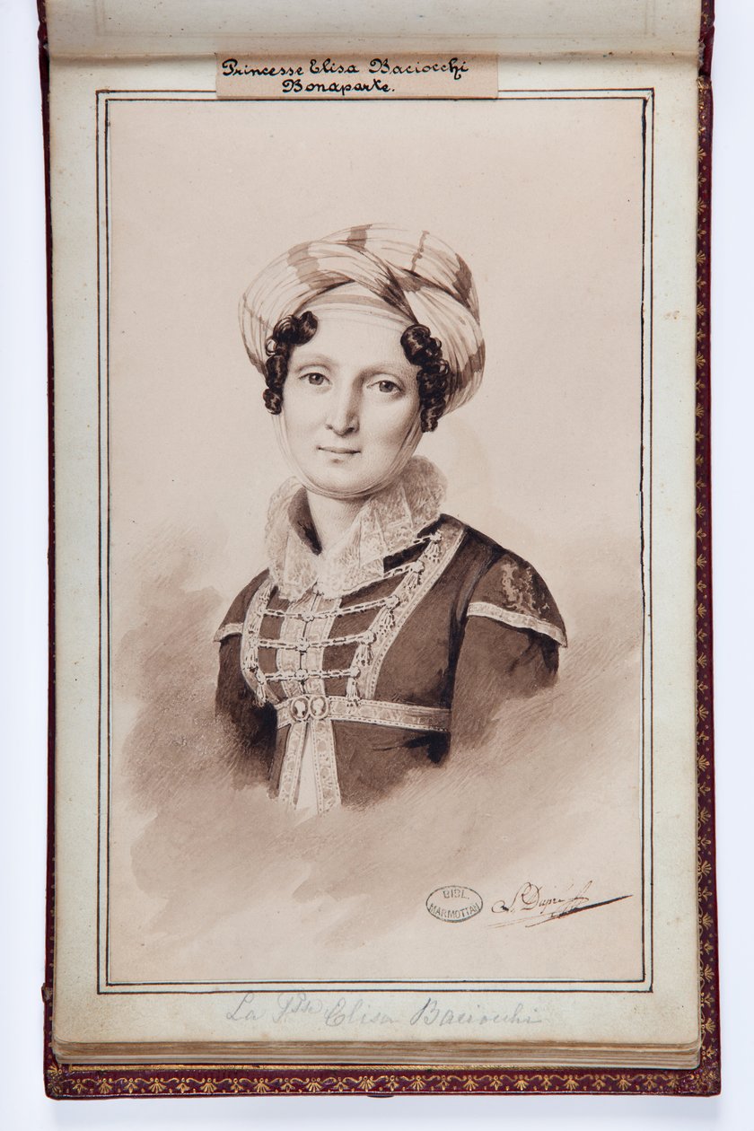 Porträtt av Elisa Bonaparte, prinsessan Baciocchi, illustration från Elisa Bonapartes lilla album, ca 1820 (penna och bläck på papper) av Louis Dupré