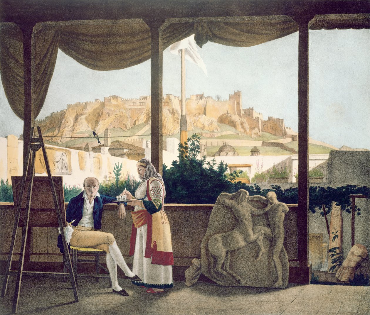 Den franske konsuln, Monsieur Fauvel, på terrassen till sitt hus i Aten, graverad av Thierry Brothers, 1825 av Louis Dupré