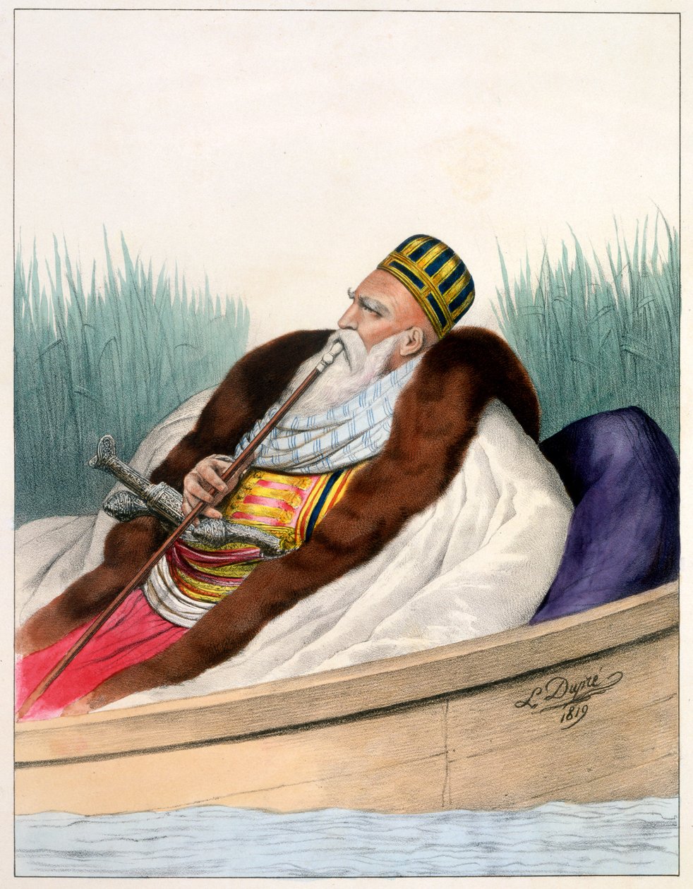 Ali Pasha de Janina i en båt vid Butrintesjön 1819 - Plåt VII, graverad av Lemercier från 