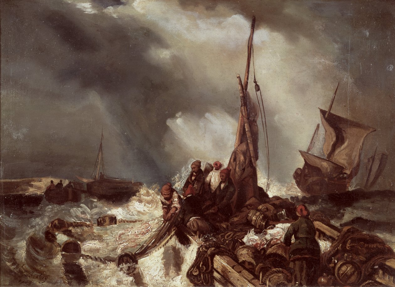 En fiskare som drar i ett nät, 1868 av Eugene Isabey