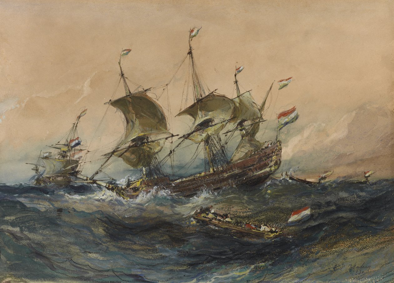 Holländska skepp i en storm, 1839 (wc & gouache på vävt papper) av Eugene Isabey