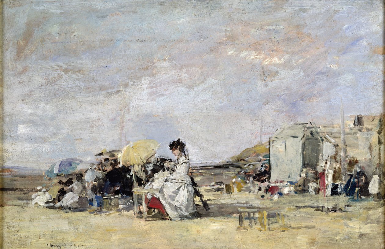 Woman in White on the Beach at Trouville, 1869 (suauu i luga o kata)swed av Eugene Louis Boudin