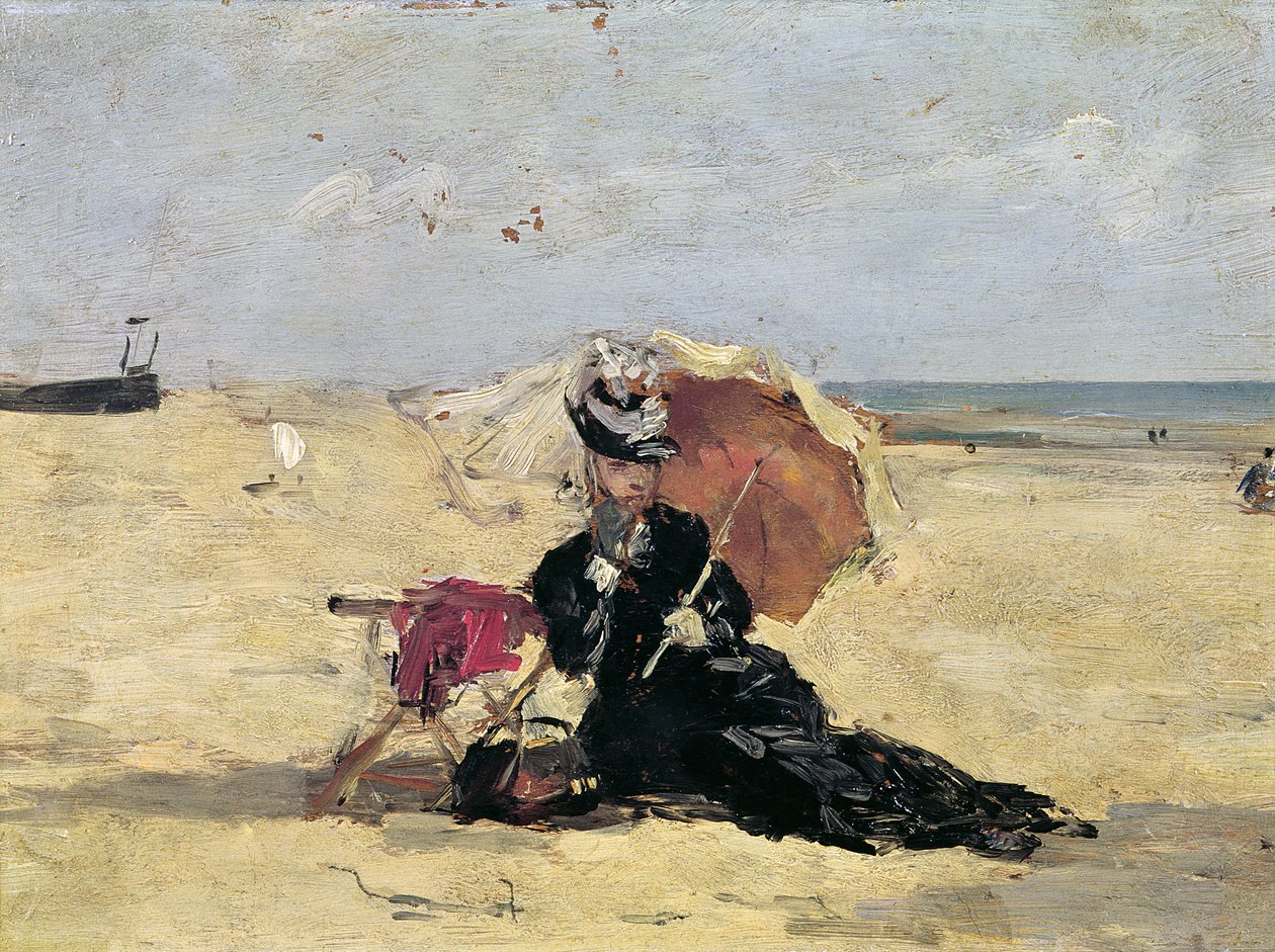 Kvinna med ett parasoll på stranden, 1880 av Eugene Louis Boudin