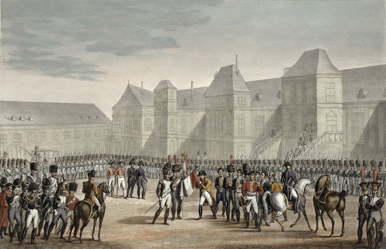 Abdikationen av Napoleon och hans avgång från Fontainebleau till ön Elba, 20 april 1814, graverad av Francois Pigeot (f.1775) (akvatint) av Louis Francois Couche