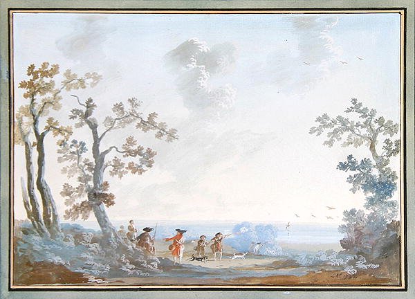 Jaktmän i ett landskap: En uppsättning hängsmycken, 1784 (se 309376 för par) av Louis Gabriel Moreau