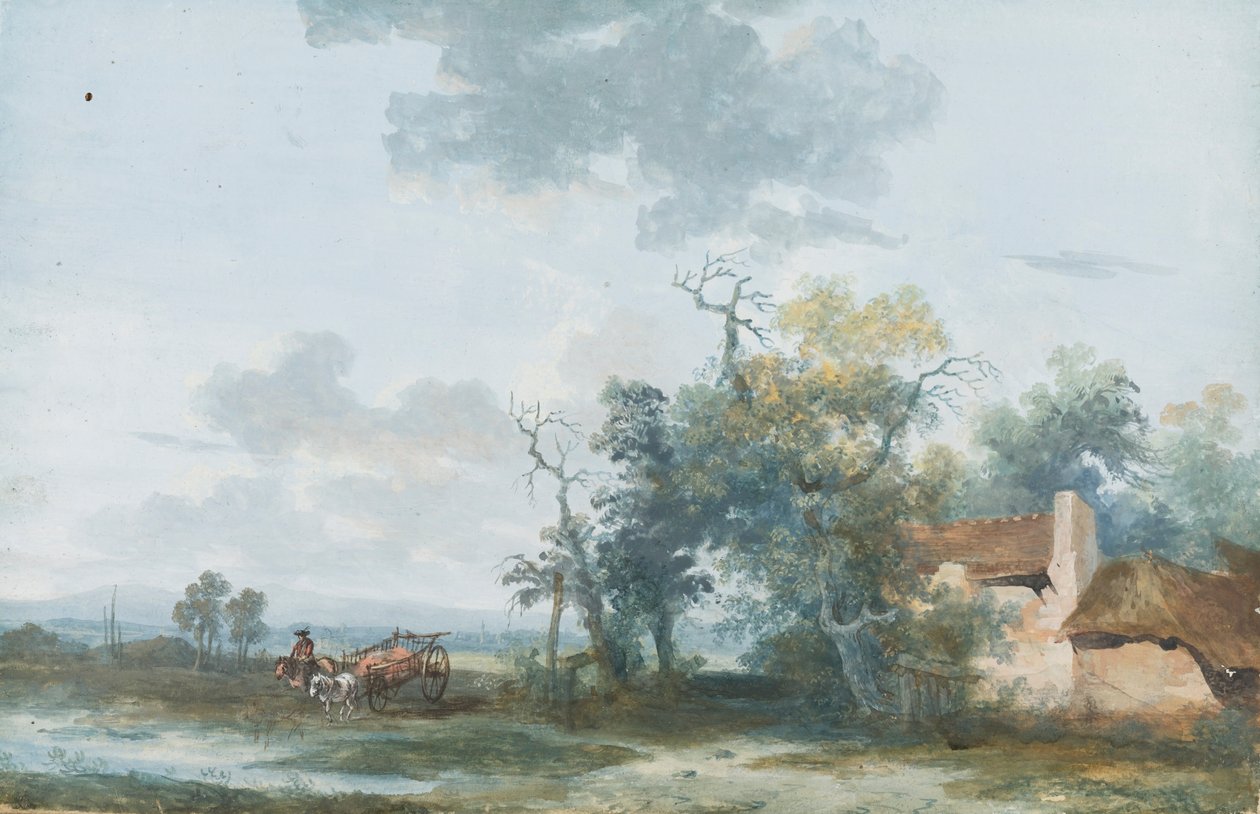 Landskap med en halmtak och en man på en häst och vagn av Louis Gabriel Moreau