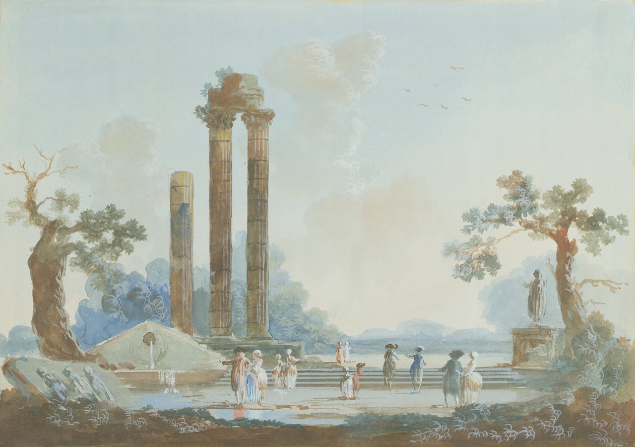 Promenad i en park i skymningen: En uppsättning hängsmycken, 1784 (se 309377 för par) av Louis Gabriel Moreau