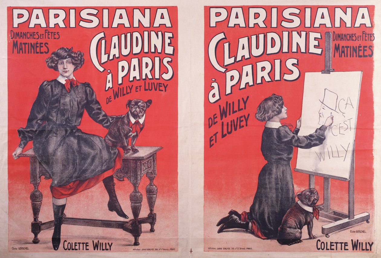 Affischer som annonserar Claudine à Pariss föreställningar på Théatre Parisiana, ca 1906-1907 av Louis Galice