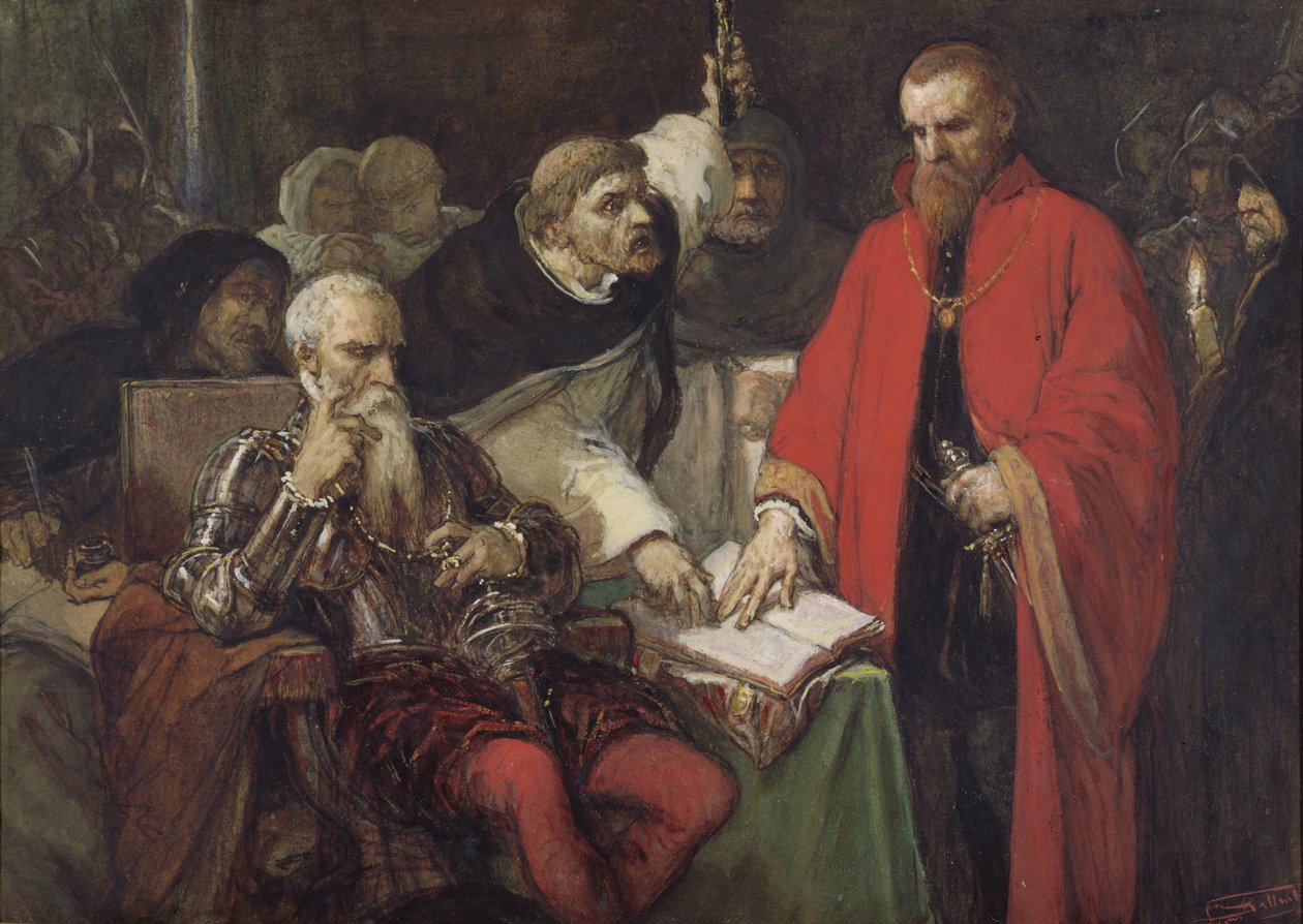 The Oath of Vargas (wc och gouache på papper) av Louis Gallait