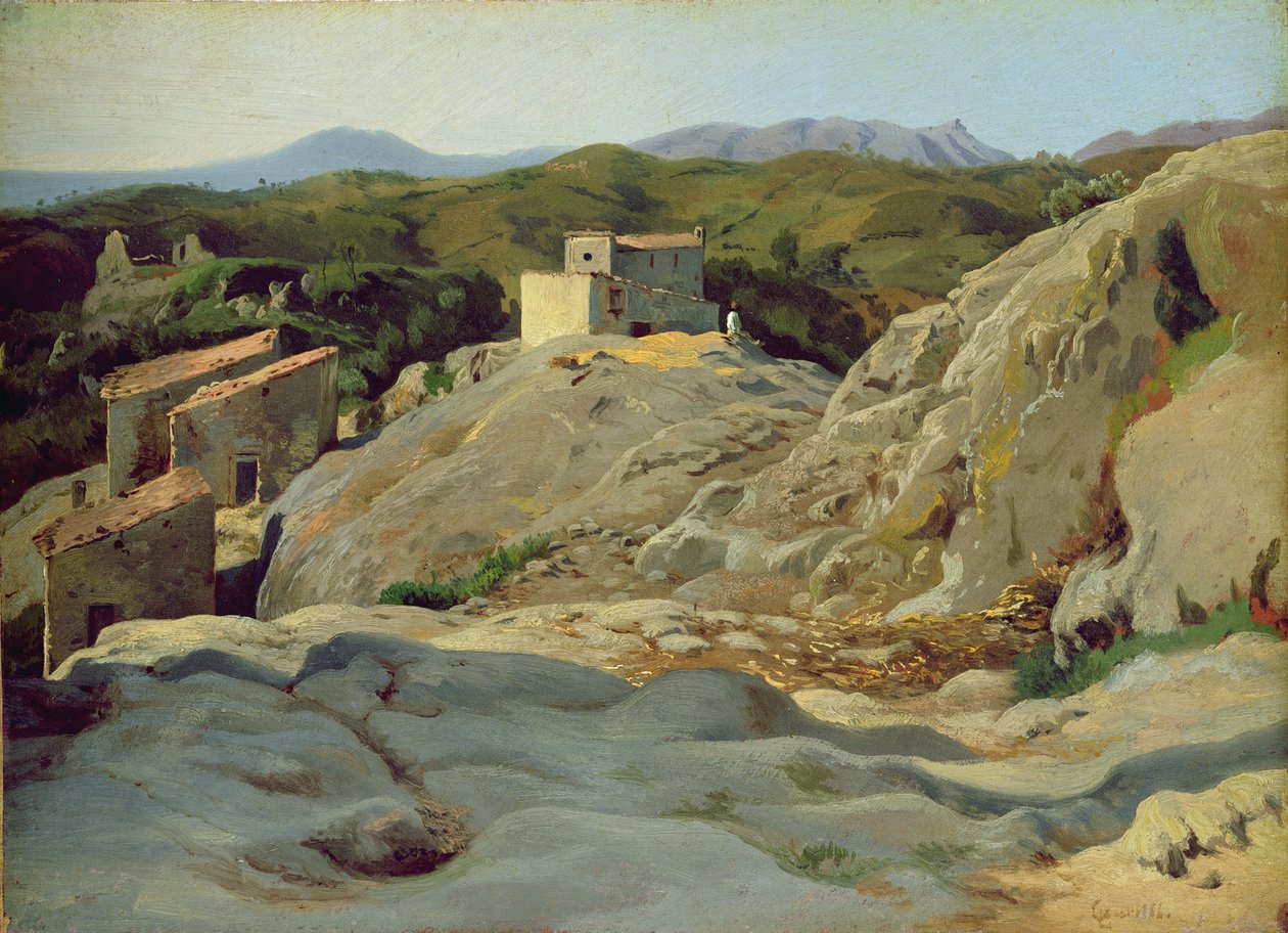 En by i bergen (olja på papper på duk) av Louis Gurlitt