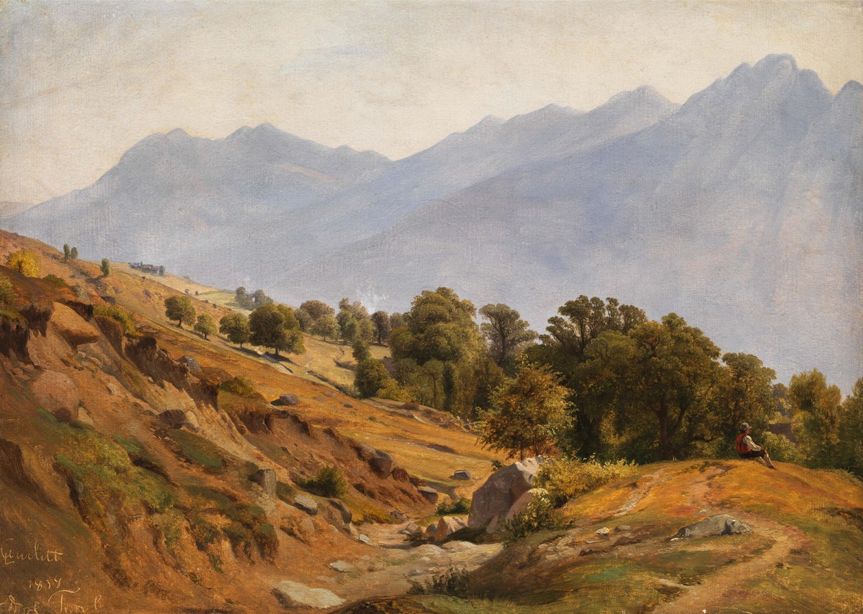 Gebirgslandschaft der Gegend von Dorf Tirol av Louis Gurlitt