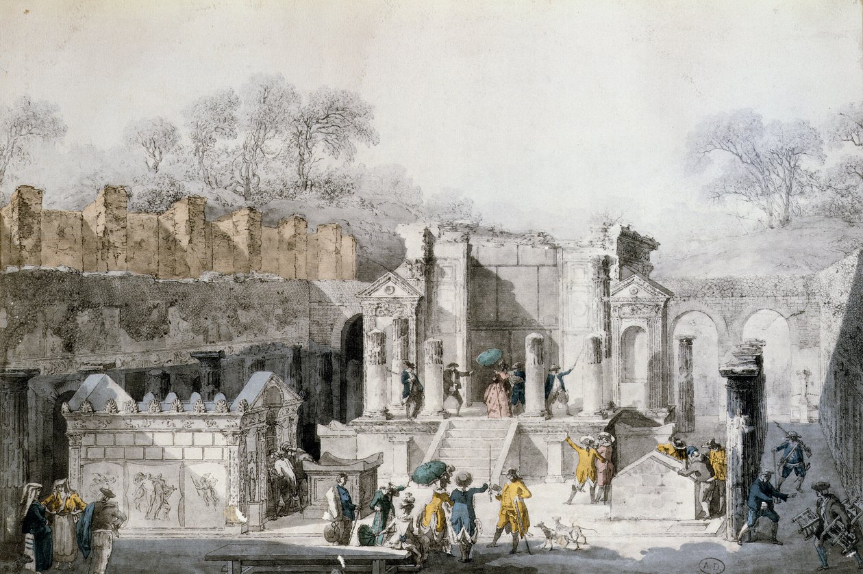 Turister vid Isis-templet i Pompejis ruiner, 1779 (färggravyr) av Louis Jean Desprez