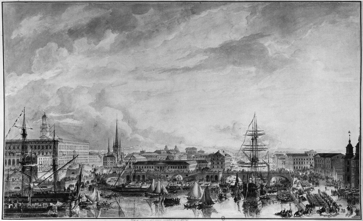 Utsikt över Stockholm, sent 1700-tal (penna och tvätt på papper) av Louis Jean Desprez
