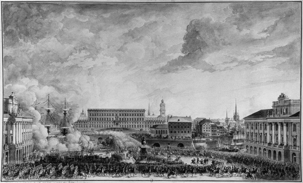 Utsikt över Stockholm, sent 1700-tal (penna och tvätt på papper) av Louis Jean Desprez