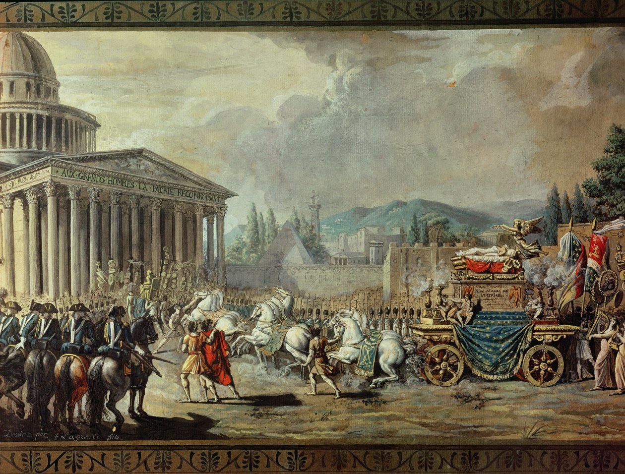 Översättningen av Voltaires dödliga kvarlevor (1694-1778) till Pantheon i Paris den 10 juli 1791 (detaljer) av Louis Jean François Lagrenée