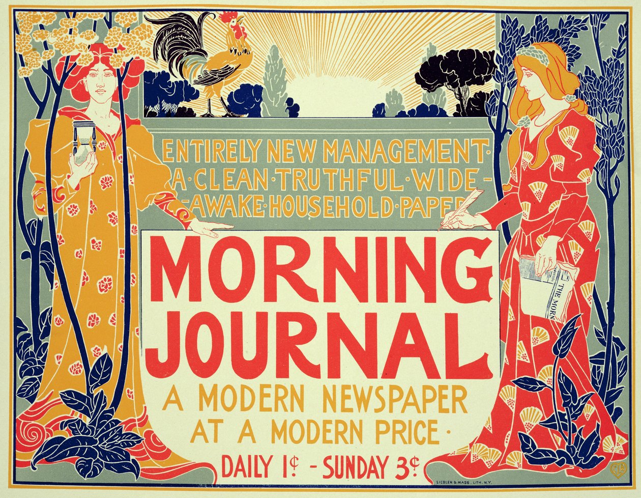Reproduktion av en affisch som annonserar "Morning Journal, A Modern Newspaper at a Modern Price", amerikansk av Louis John Rhead