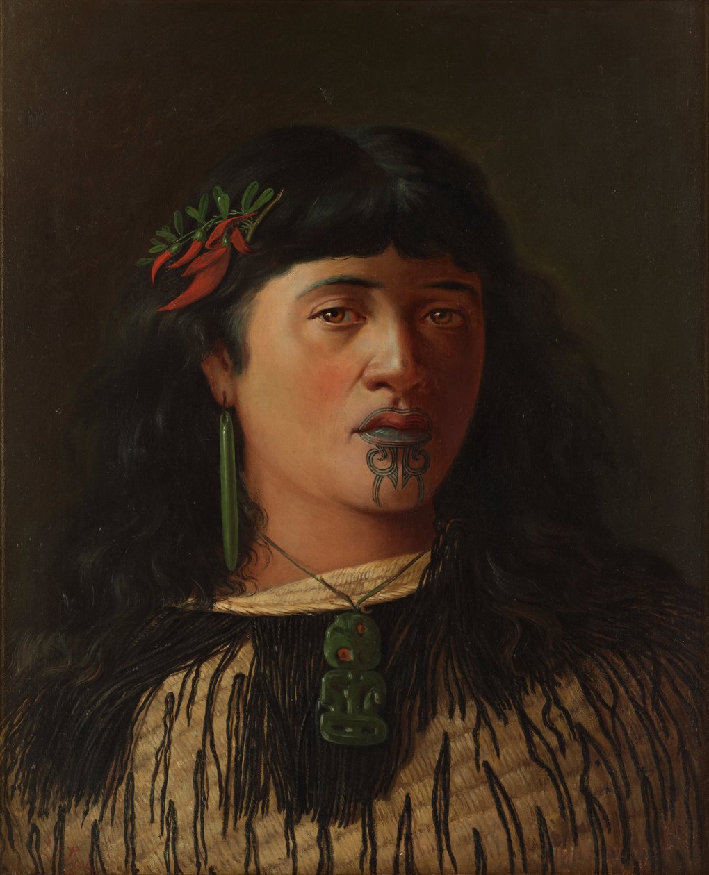 Portrait of a young Maori woman with moko av Louis John Steele