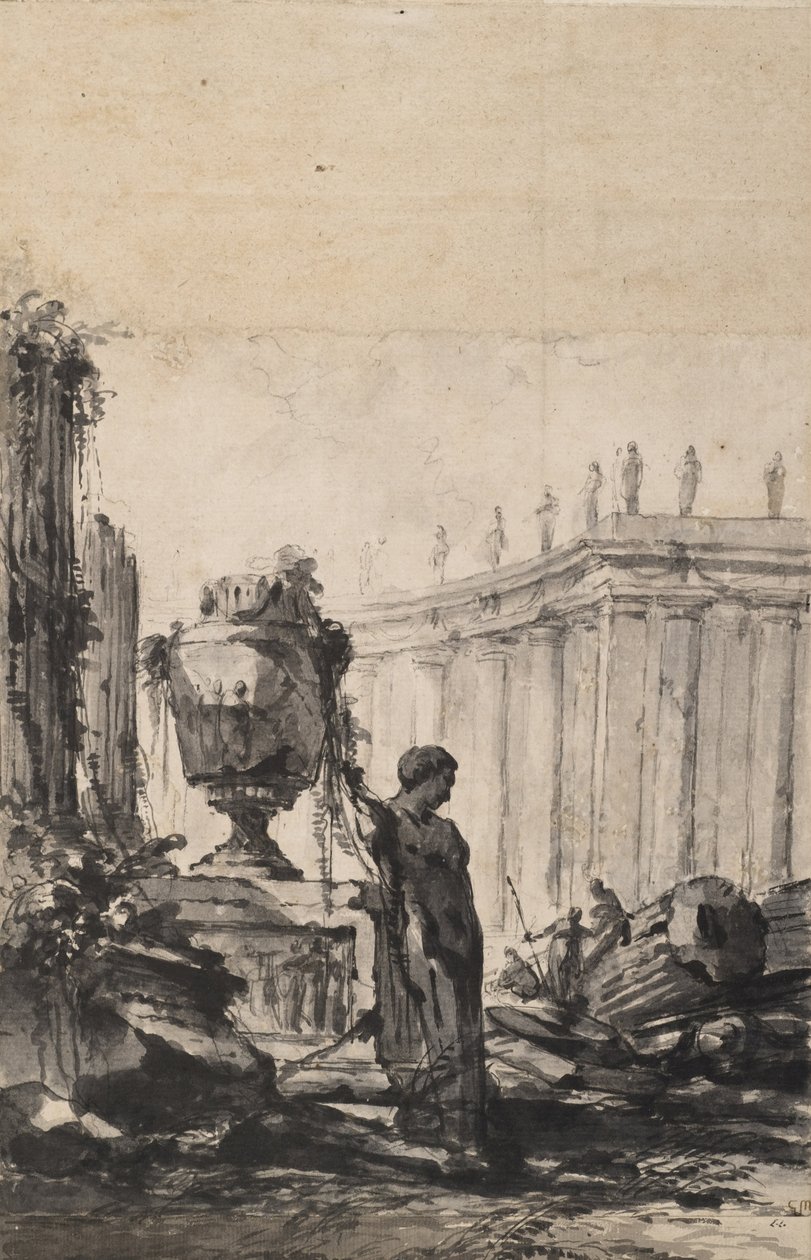 Architectural Fantasy with Vase, Herm, and Colonnade av Louis Joseph Le Lorrain