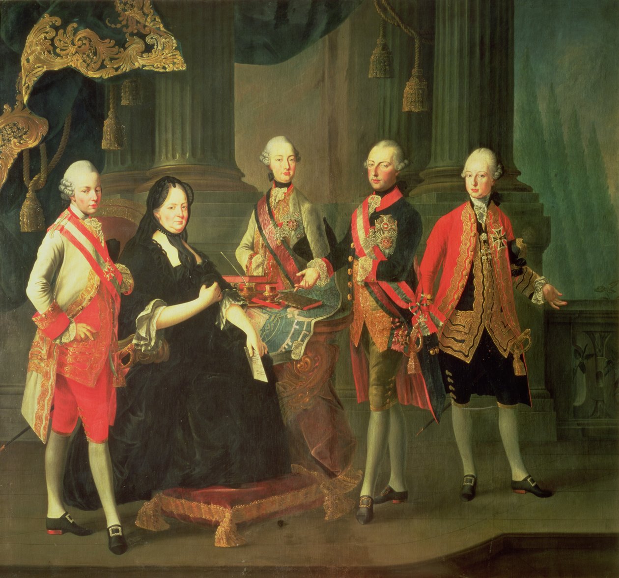 Kejsarinnan Maria Theresia av Österrike (1717-80) med fyra av sina söner; (LtoR) Joseph (1741-90), Ferdinand (1754-1806), Leopold (1747-92) och Maximilian (1756-1801) av Louis Joseph Maurice