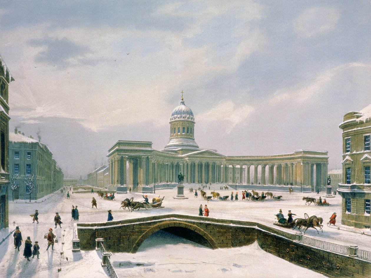 Kazan-katedralen, St. Petersburg, tryckt av Lemercier, Paris, 1840-talet (lito i färg) av Louis Jules Arnout