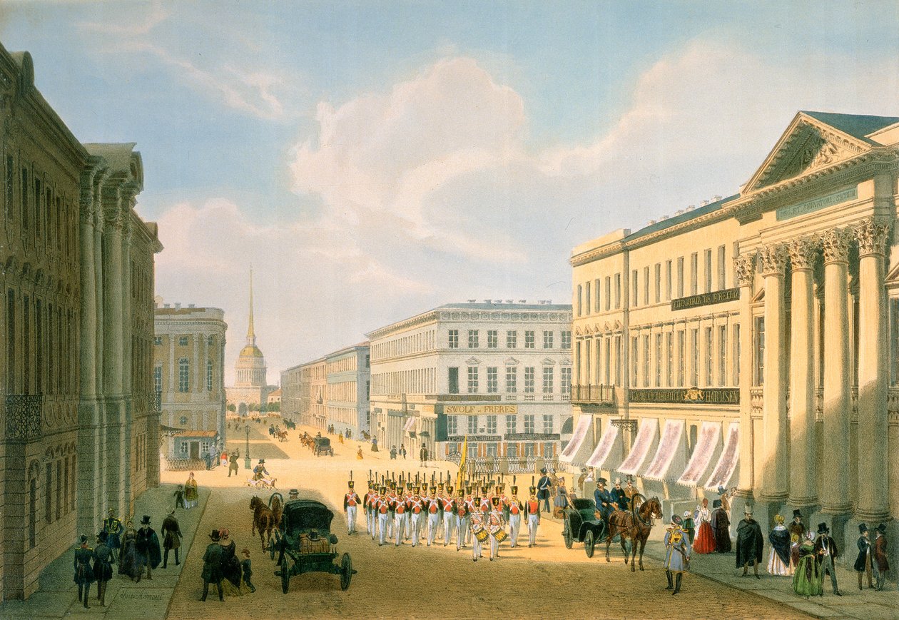Polisbron och Nevskij-avenyn i St. Petersburg, tryckt av Lemercier, Paris, 1840-talet av Louis Jules Arnout