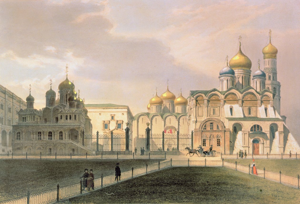 Utsikt över katedralerna i Kreml i Moskva, tryckt av Lemercier, Paris, 1840-talet av Louis Jules Arnout