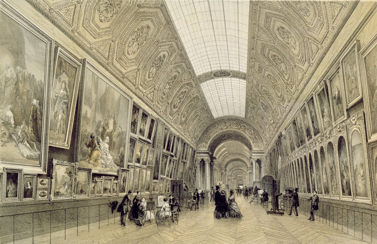 Utsikt över det stora galleriet vid Louvren, ca 1850-70 av Louis Jules Arnout