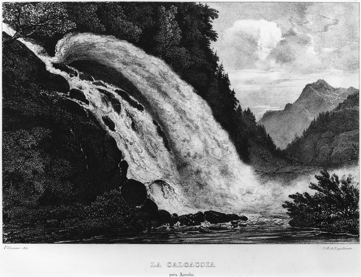 Vy över vattenfallet Calcaccia, 1831 av Louis Jules Frederic Villeneuve