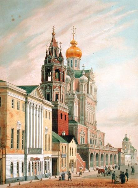 Assumption Church på Pokrovskaya street i Moskva, tryckt av Lemercier, Paris, 1840-talet av Louis Jules after Arnout