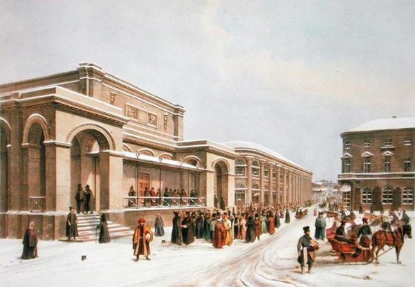 Den nya börsen och arkaden i Moskva, tryckt av Lemercier, Paris, 1840-talet av Louis Jules after Arnout