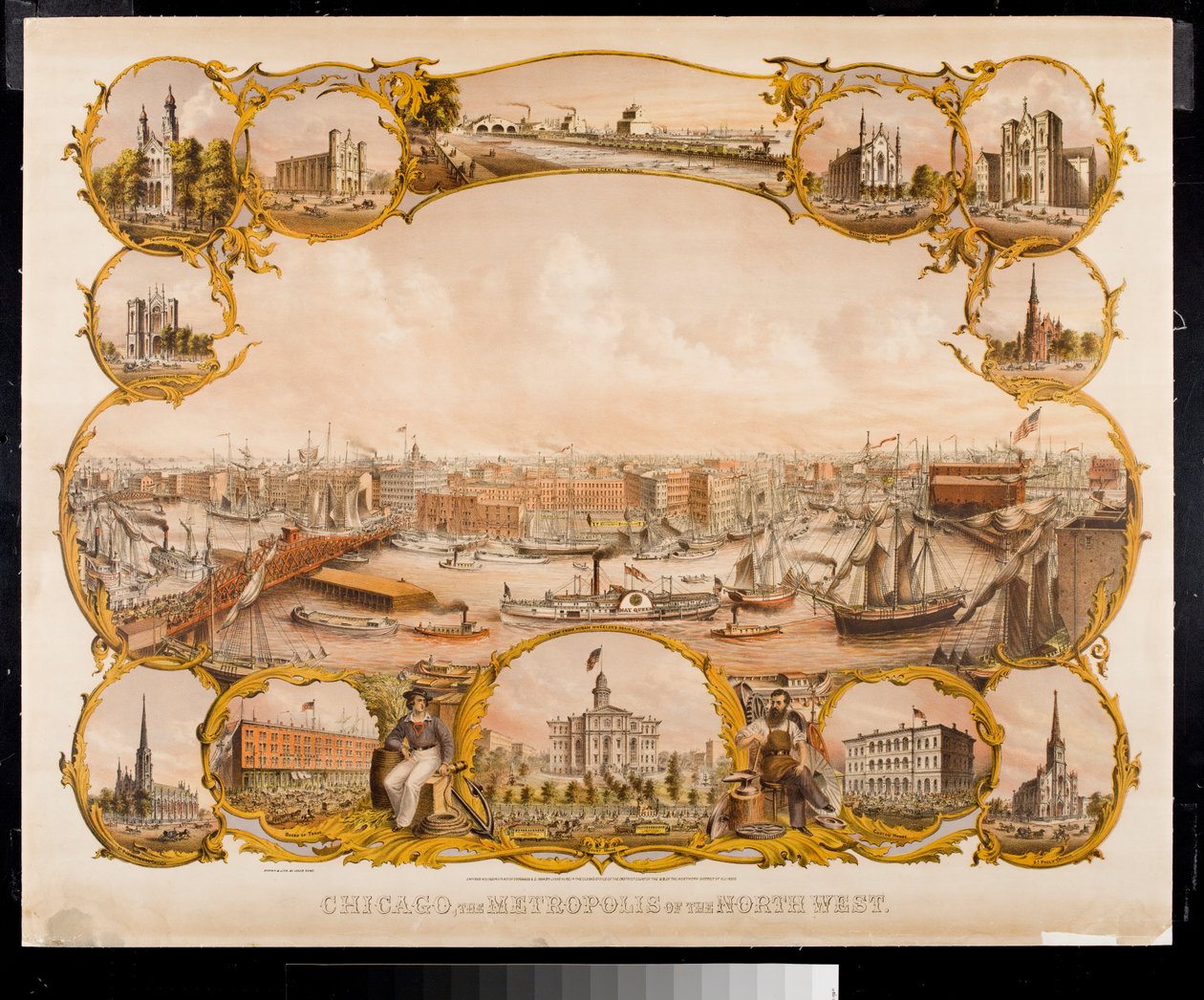 Litografi av Chicago med landmärken byggnader, 1864 av Louis Kurtz