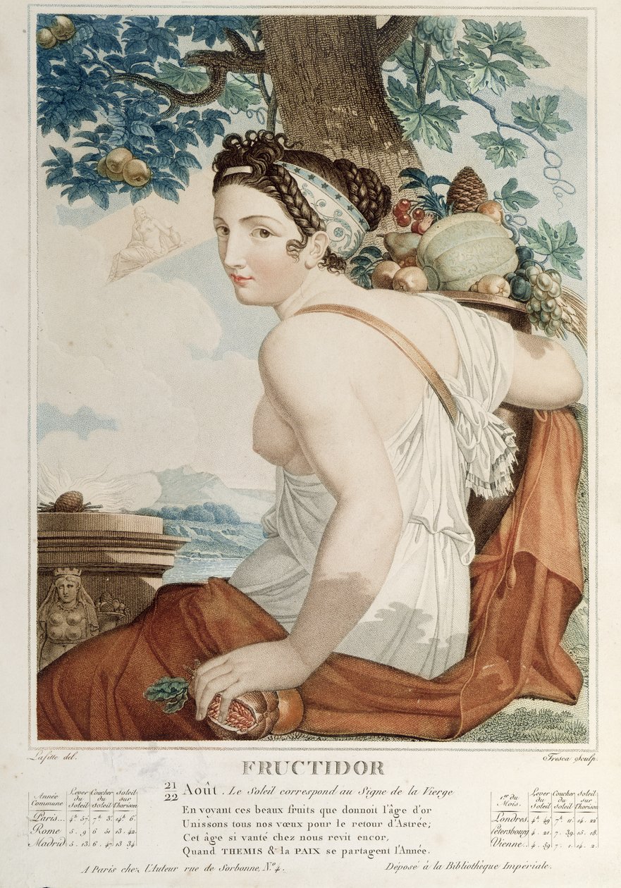 Fructidor (augusti september) tolfte månaden i den republikanska kalendern, graverad av Tresca, ca 1794 av Louis Lafitte